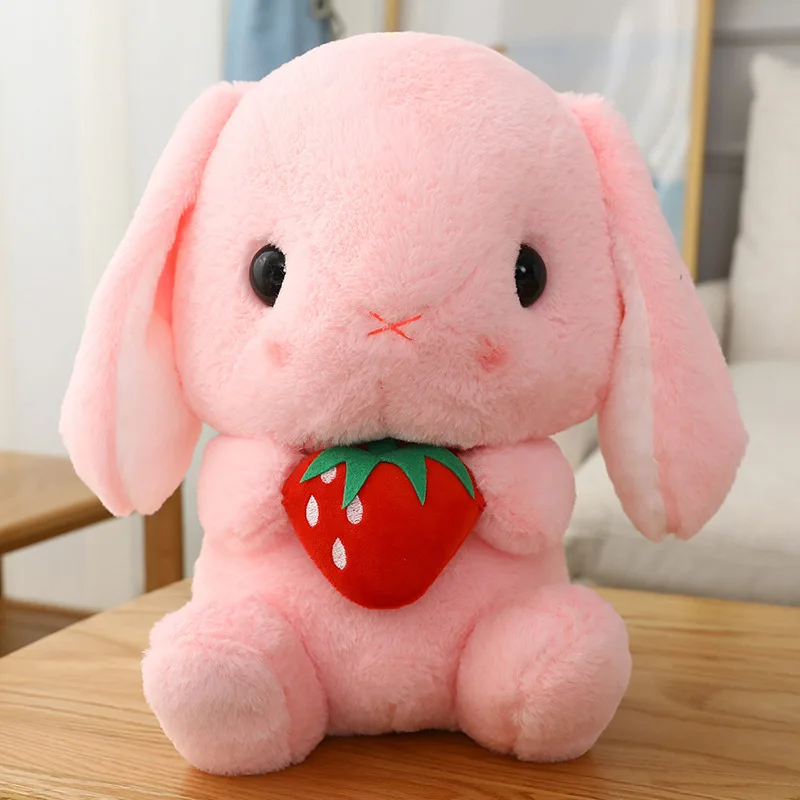 

45cm Plush Toy Pillow Soft Stuffed Animal Toys Long Ears Rabbit Eating Strawberry Lifelike Appease Doll Baby Gift