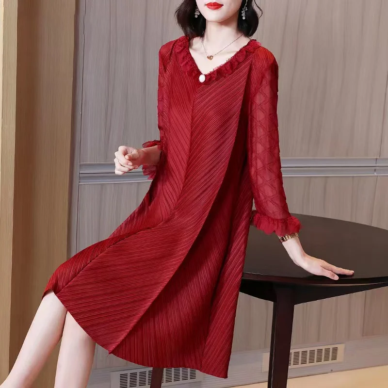 Woman Pleated Midi Dress Ruffles Mesh Long Sleeve V-Neck Vintage Style Elegant 2024 Early Spring Fashion