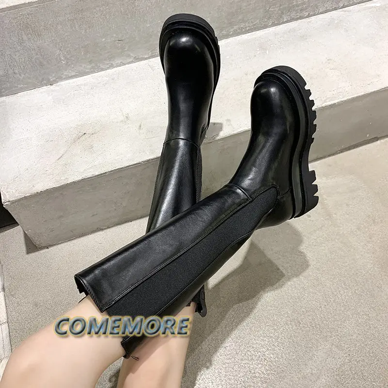 Fashion Woman\'s Platform Zipper Spring Autumn PU Leather Non-slip Knee High Luxury Designer Casual Women Chunky Long Black Boots