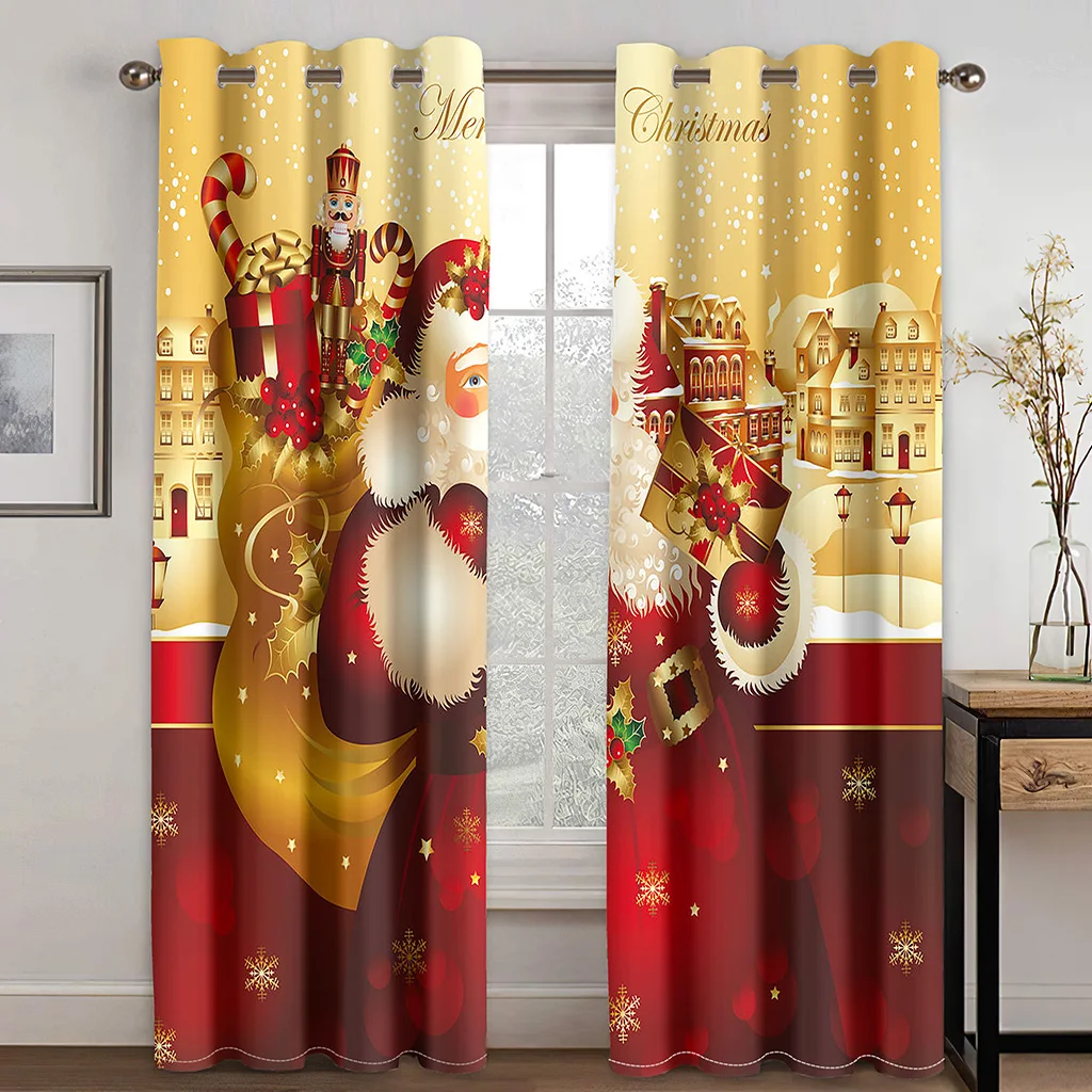 Cartoon Santa Claus Christmas Tree Red Gold Window Curtains For Kids Bedroom Living Room Bathroom Kicthen Door Hall Home Decor