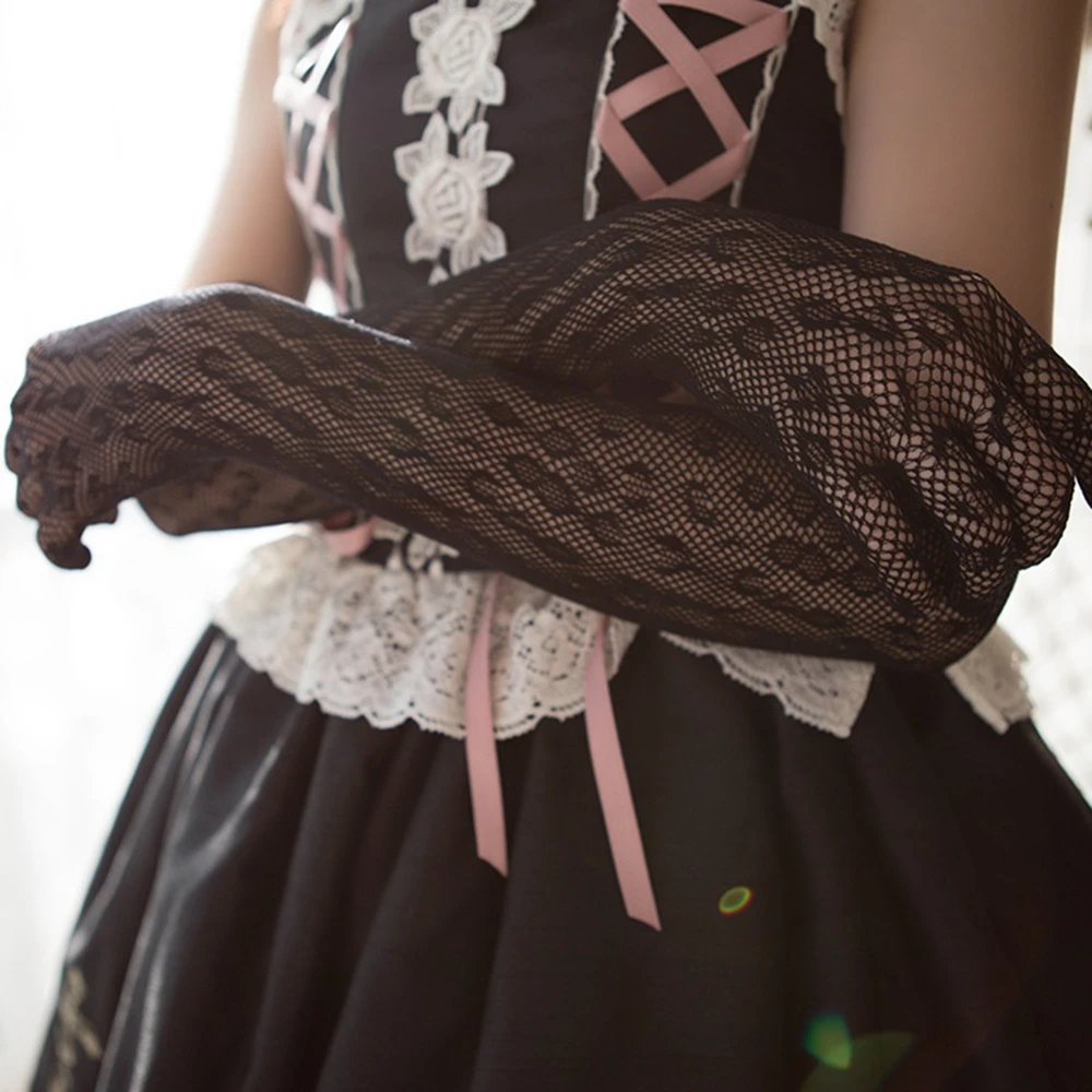 Retro Gothic White Mesh Bridal Sun Protection Lace Mittens Dots Lolita Long Gloves Hand Sleeve