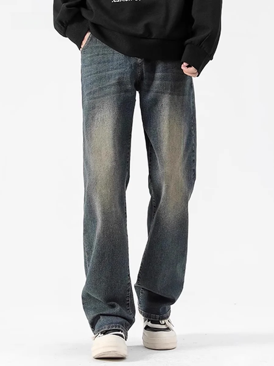 

Wmnm American High Street Vintage Wash Blue Jeans Men Spring Trend Belt Style Loose Wide Leg Micro Flare Pants