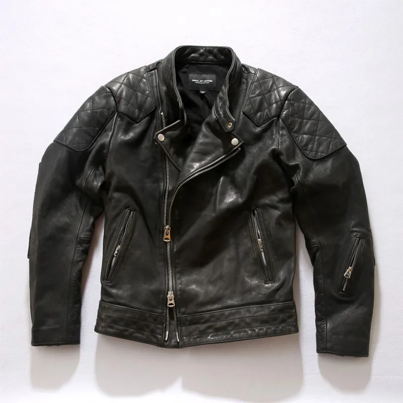 

Stand-up collar motorcycle leather double-opening slanted zipper heavy-duty washed vegetable-tanned cowhide