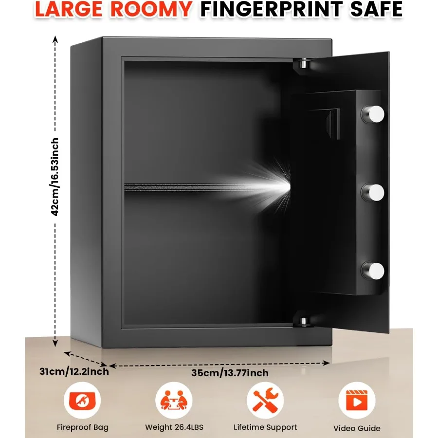 1.6 Cuft صندوق الأمان البيومتري مقاوم للحريق آمن للمستندات المنزلية مع قفل بصمة مجموعة مفاتيح لوحة المفاتيح المضادة للسرقة المزدوجة Ale #2