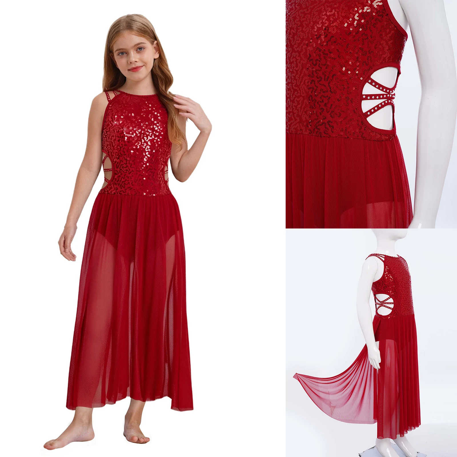 

Kids Girls Shiny Sequins Lyrical Dance Dress Sparkly Rhinestones Strappy Cutout Waist Bodice Side Split Mesh Dress Dancewear