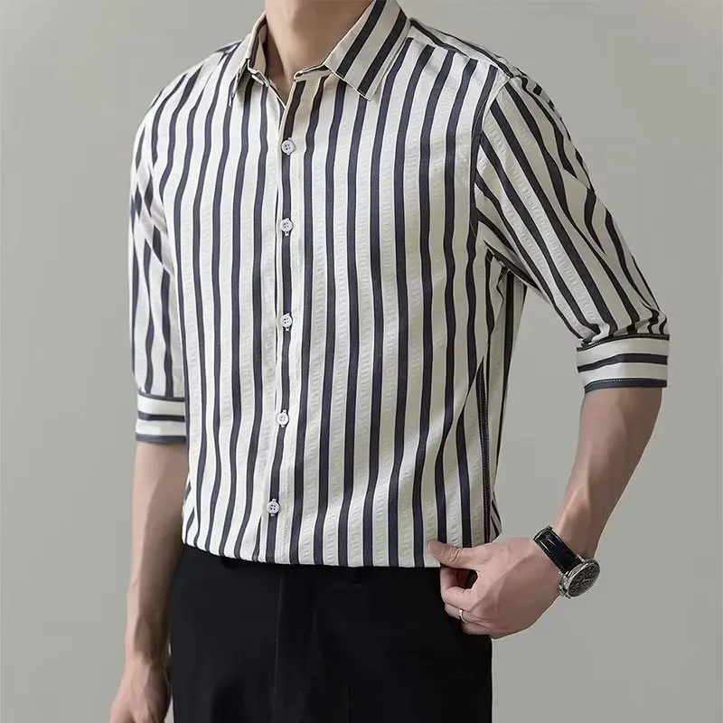 Men Stripes Shirts Short Sleeve 2023 Summer Turn-down Collar Tops Casual Fashion Blouse Slim Male Single-breasted Shirts