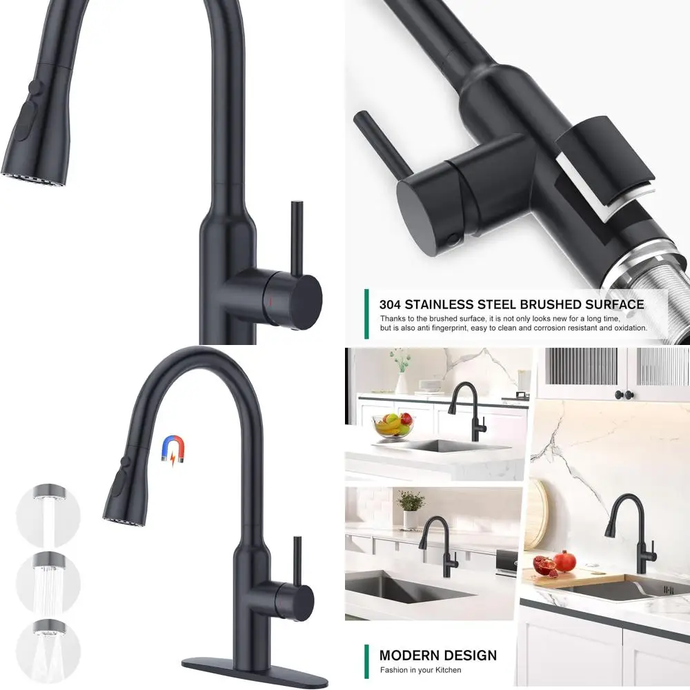 

Matte Black Pull-Down Kitchen Faucet with 3-Mode Spray, 360° Swivel, High Arc, Single Hole Bar Sink & RV Faucet