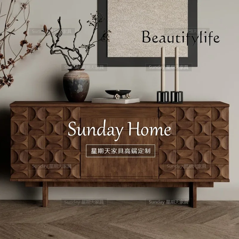 

HK Medieval creative chest, living room walnut color locker, light luxury wood color dining side cabinet