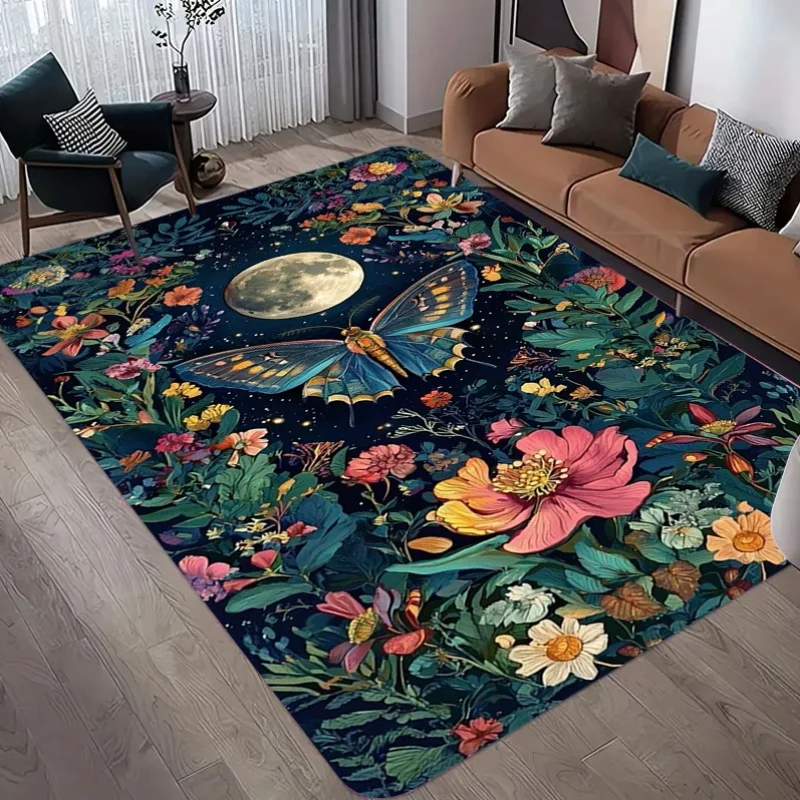Night Moon Moth Wildflower Dark Botanical Area Rug Non Slip Soft Carpet Witchy Floral Mat For Living Room Bedroom