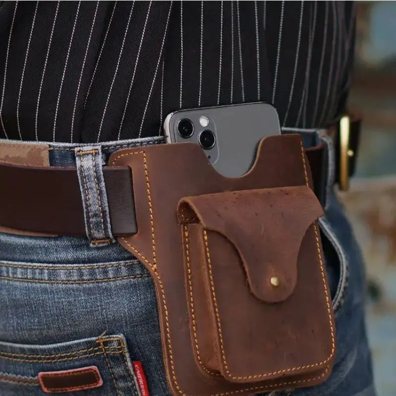 Multifunctional Leather Phone Belt Bag Retro Men's Bag Cellphone Loop Holster Phone Pouch Wallet Phone Case for IPhone Huawei