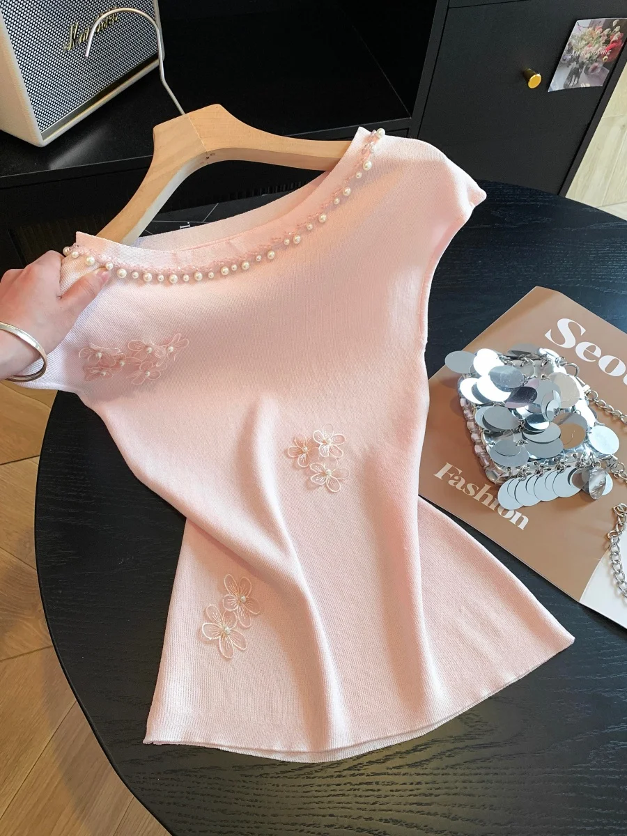 Sweet Style Beaded 3D Flower Sleeveless Knitted Top Women's Summer New Self-Keeping Model Slimming Sweet Style Top