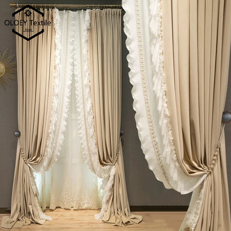 

French Light Luxury Milk Tea Velvet Lace Stitching Curtains for Living Room Bedroom Villa Dining Room Thermal Insulated Drapes