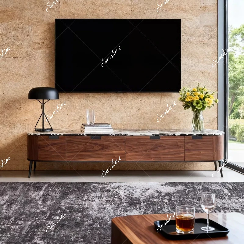 

Walnut leather TV cabinet living room all solid wood natural marble villa high-end light luxury