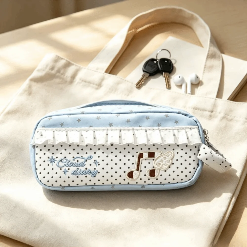 Handheld Style Musical Note Pen Bag Wave Point Splicing Pencil Case Soft Material Large Capacity Pencil Pouch School
