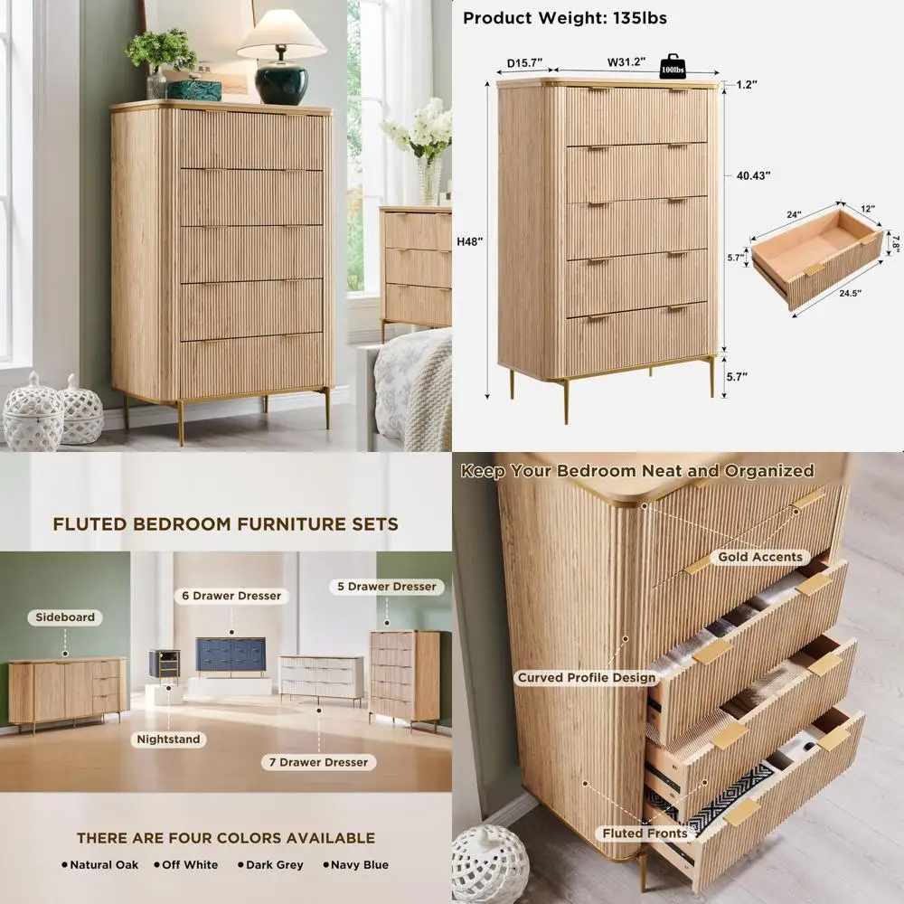 

5-Drawer Modern Bedroom Dresser with Fluted Fronts, 48 Tall, Gold Accents, Wood Storage