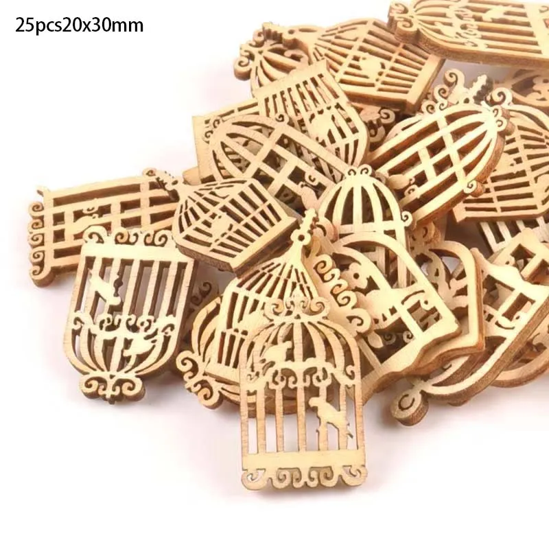 25pcs Wooden Crafts creativity hollow out birdcage Pattern Scrapbooking Crafts wood decoration for Home Decoration m0833X