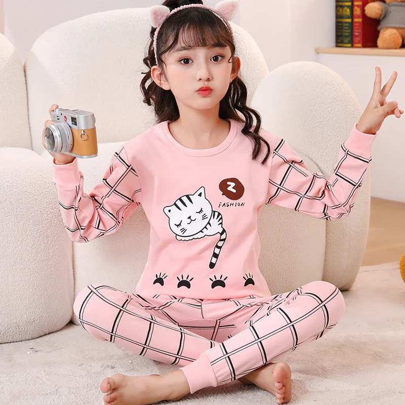 2 to 14 Years Girls Sleepwear Set Autumn Winter Children Cartoon Pajamas Cotton Pijamas Boys Dinosaur Loungewear 2Pcs Tops+Pants