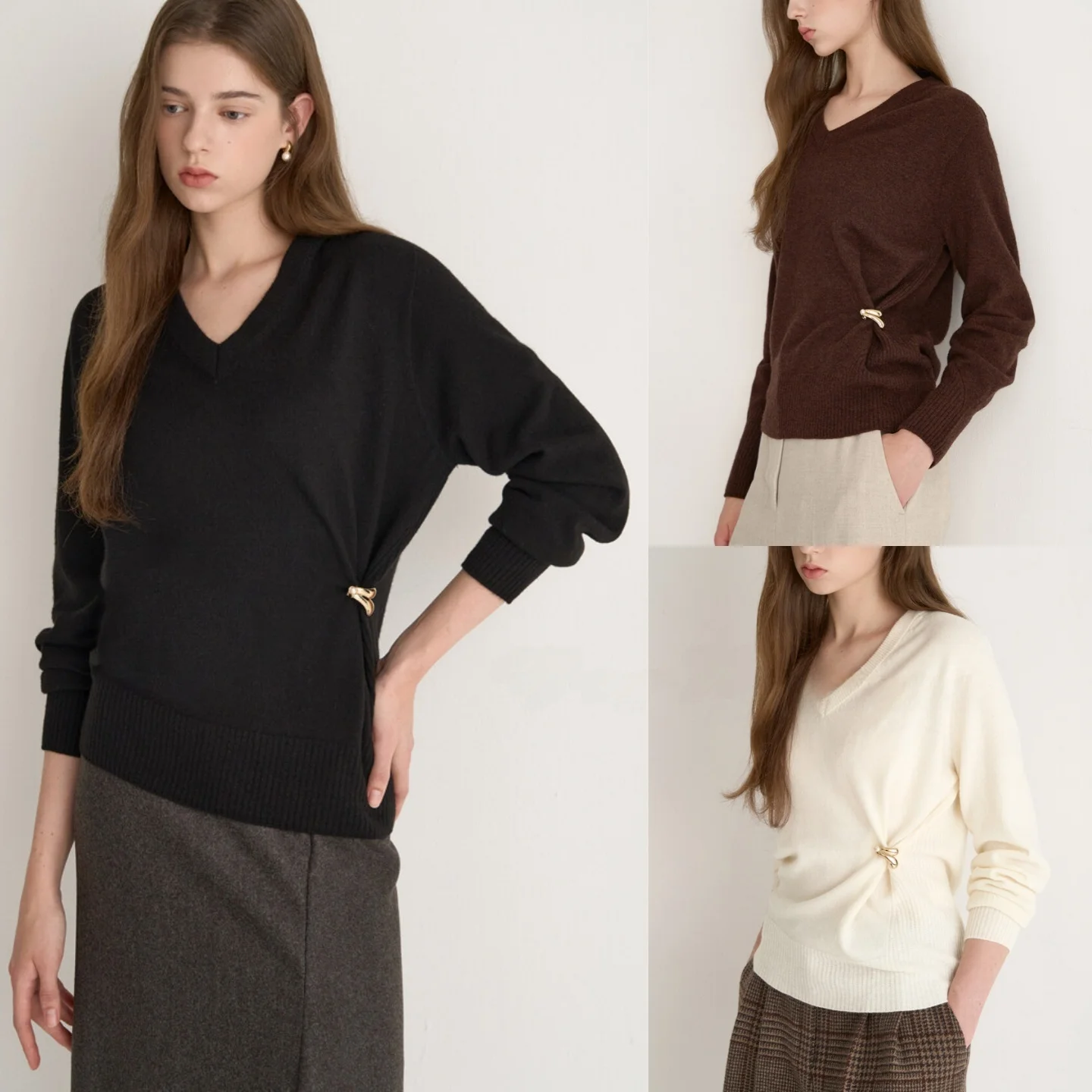 

Женский вязаный шерстяной свитер с V-образным вырезом, универсальный, стройнящий, с длинными рукавами, корейский стиль, высокое качество, цветной