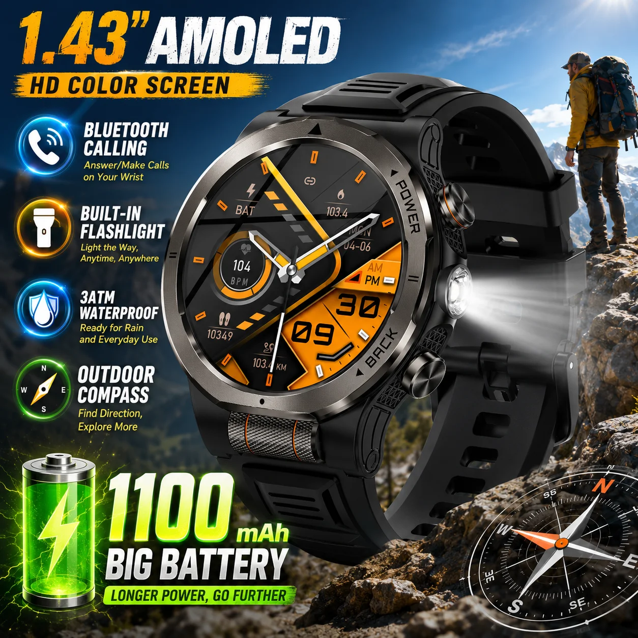 LIGE 2026 Militärische Smartwatch mit 1100mAh Superkapazitätsakku, 1,43" AMOLED-Bildschirm, BT-Anruf, 3ATM Wasserdicht, Sport-Smartwatch für Erwachsene