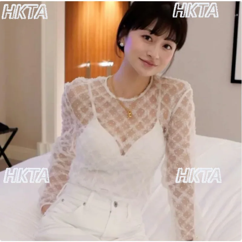 Japanese Lace Mesh Perspective Long-sleeved T-shirt Women's Autumn New Black White Bottoming Shirt Top Y2k Aesthetic Clothes