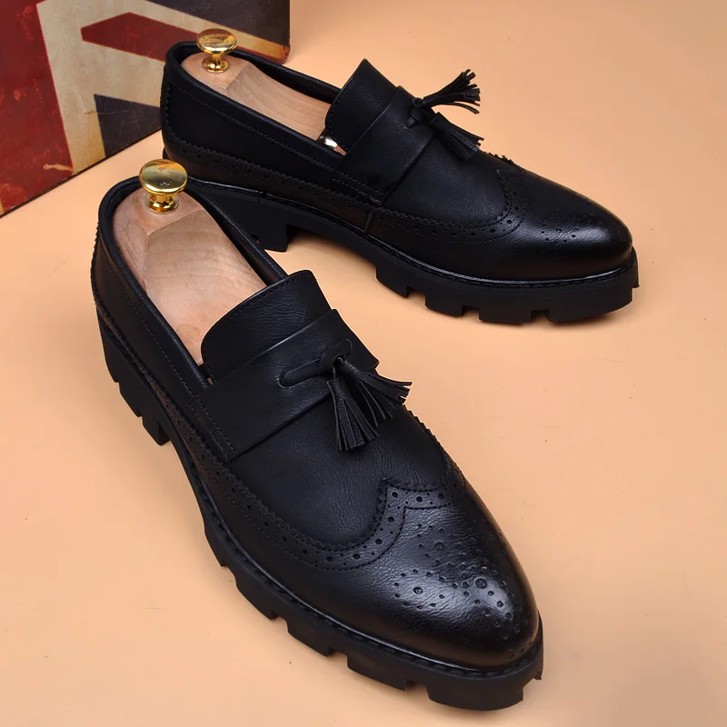 men casual business wedding formal dress cow leather tassels shoes slip-on brogues shoe black platform bullock loafers zapatos