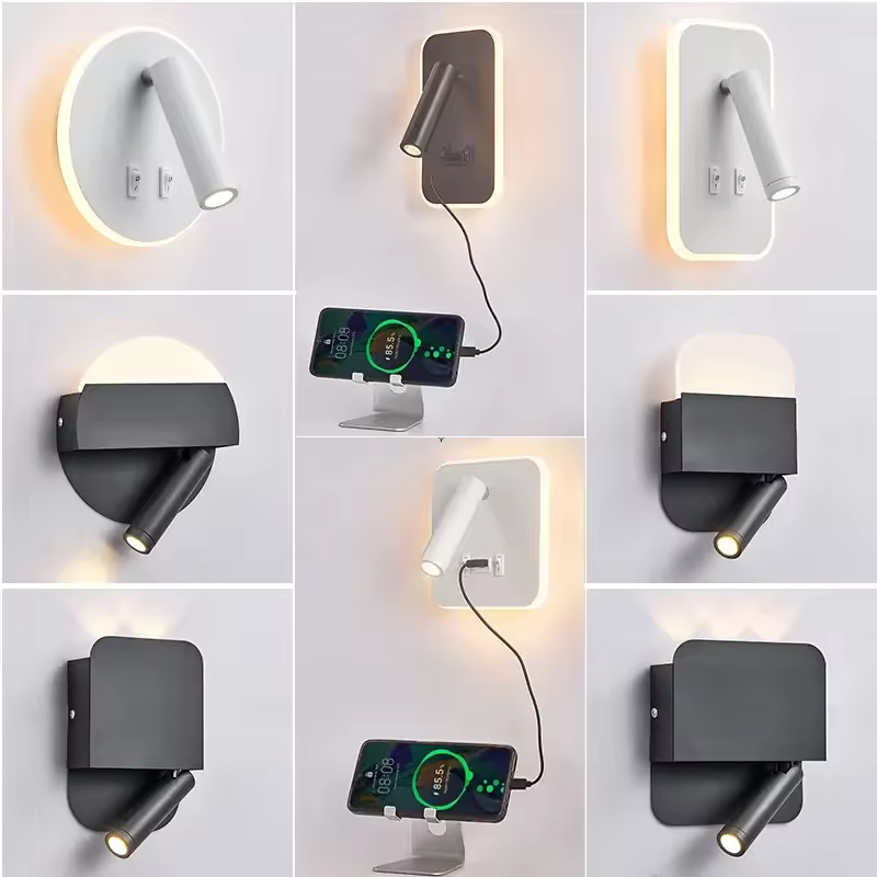 מנורת קיר מודרנית מינימליסטית לד עם טעינת USB, מנורת חדר שינה פנימית, מנורת קריאה ליד המיטה במלון, תאורת קיר, מתג, AC 90~240V