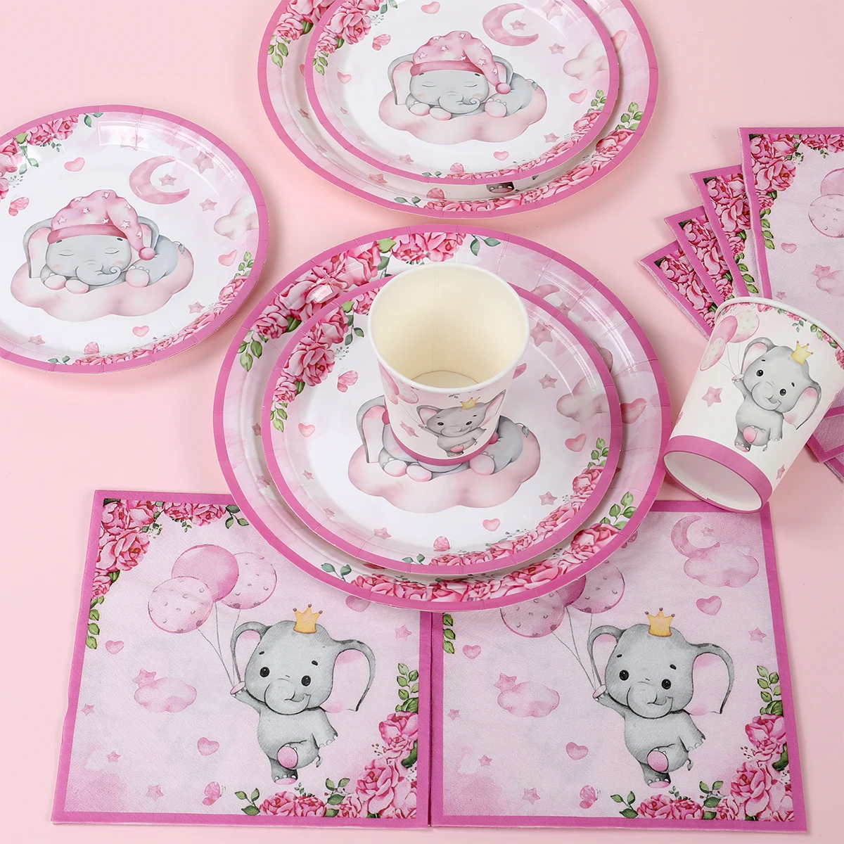 Pink Elephant Theme Party Supplies Paper Plate Cup Napkin Set for Gender Reveal Birthday Party Decoration Baby Shower Supplies