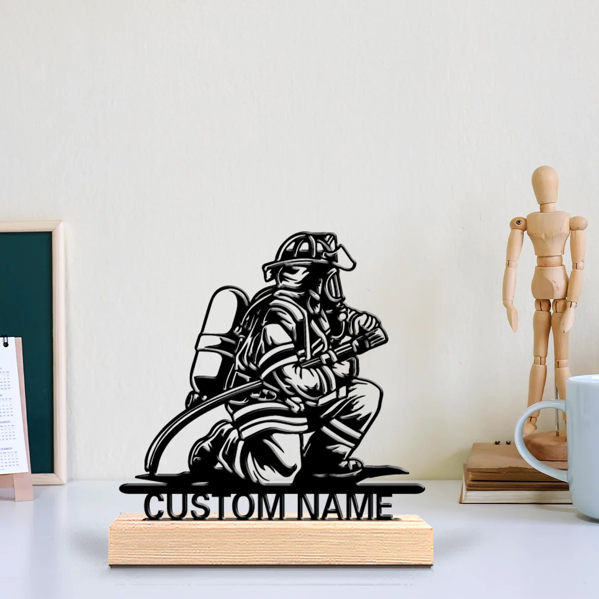 1pc Stylish Personalized Custom Fireman Metal Statues Base Tabletop Comes With A Wooden Base Male Themed Desktop Decoration