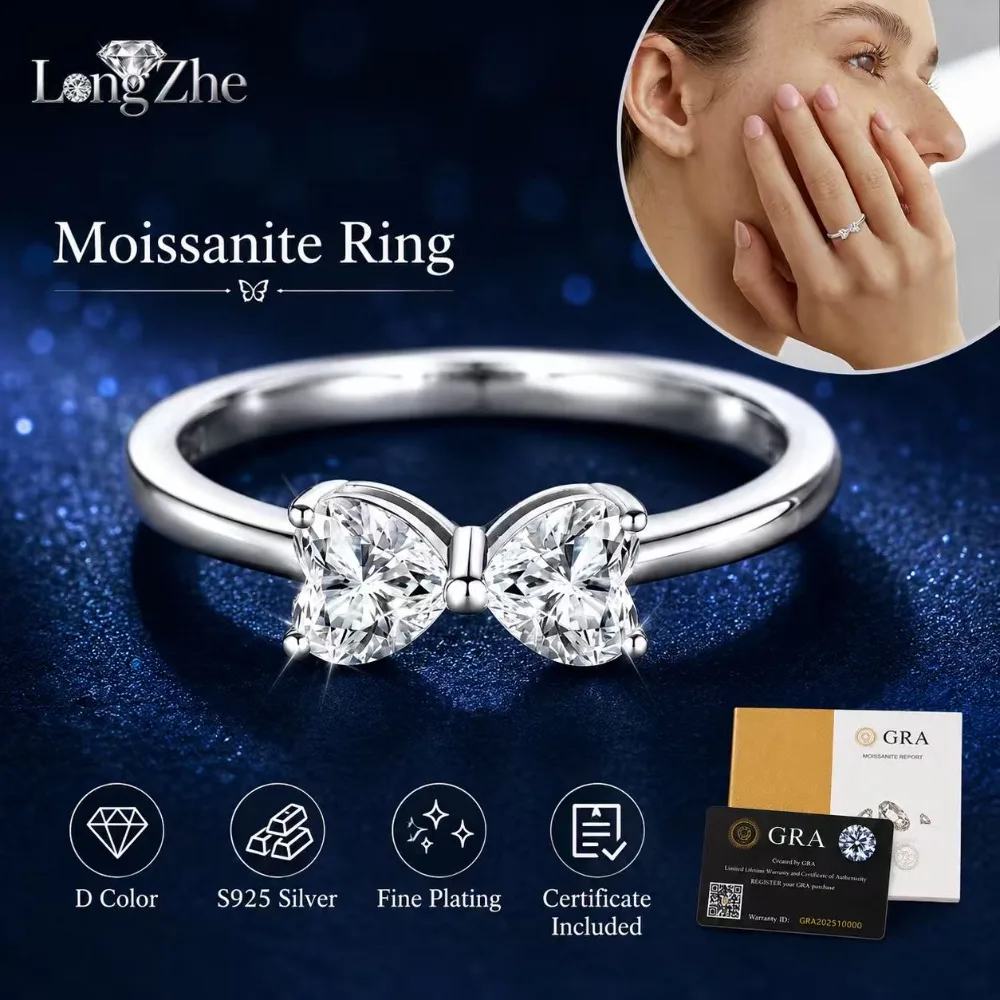 S925 Sterling Silver Moissanite Heart Bow Ring 4.5x4.5mm K White Gold Elegant Design for Women Engagement Wedding Gift