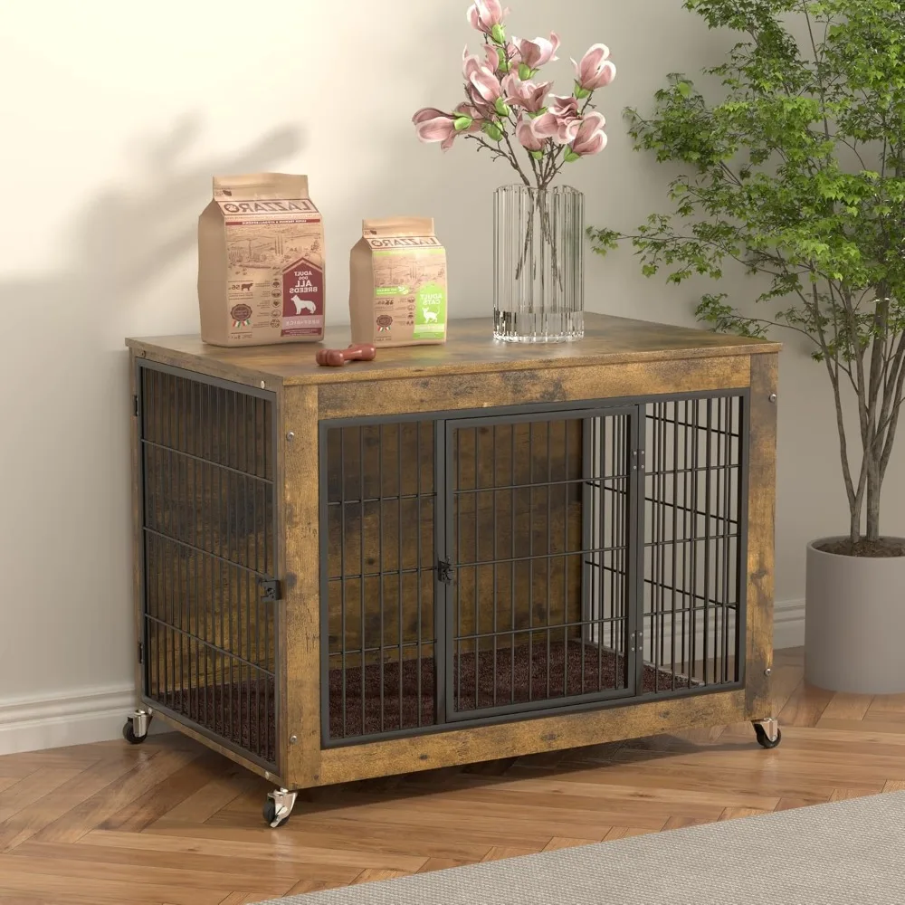 

Dog Crate Furniture with Cushion, 38 Inch Dog Kennel Furniture with Wheels, Heavy Duty Large Dogs Crate Furniture, Brown Double