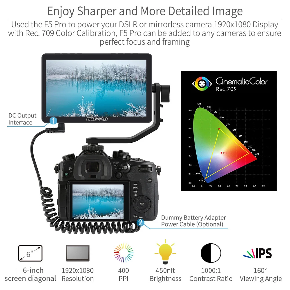 طقم خارجي من feel world F5 Pro V4 شاشة 6 بوصة تعمل باللمس شاشة محمولة كاميرا DSLR ثلاثية الأبعاد LUT دقة كاملة 1920x1080 4K HDMI داخل الخارج F970