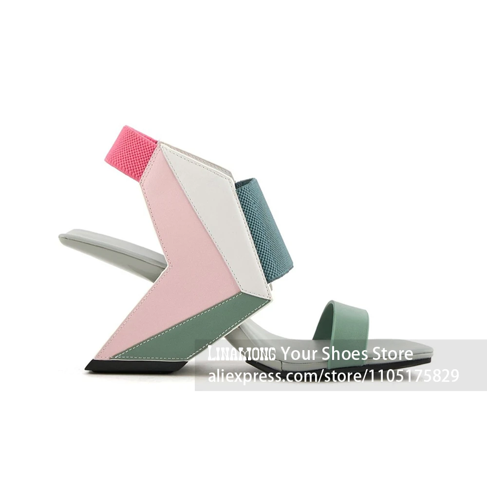 Geometric Block Asymmetrical Heel Sandals Elastic Ankle Strap Square Open Toe High Heels Designer Summer Shoes Fashion Footwear image 5