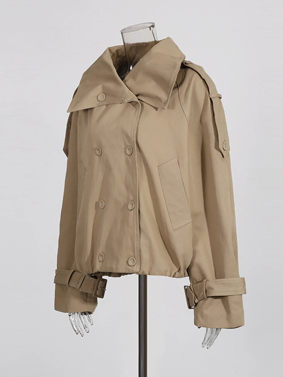 CHICEVER 카키색 스플라이스드 새시 스트리트웨어 재킷 여성용 라펠 긴 소매 루즈핏 한국 스타일 여성 재킷 가을 패션 신상