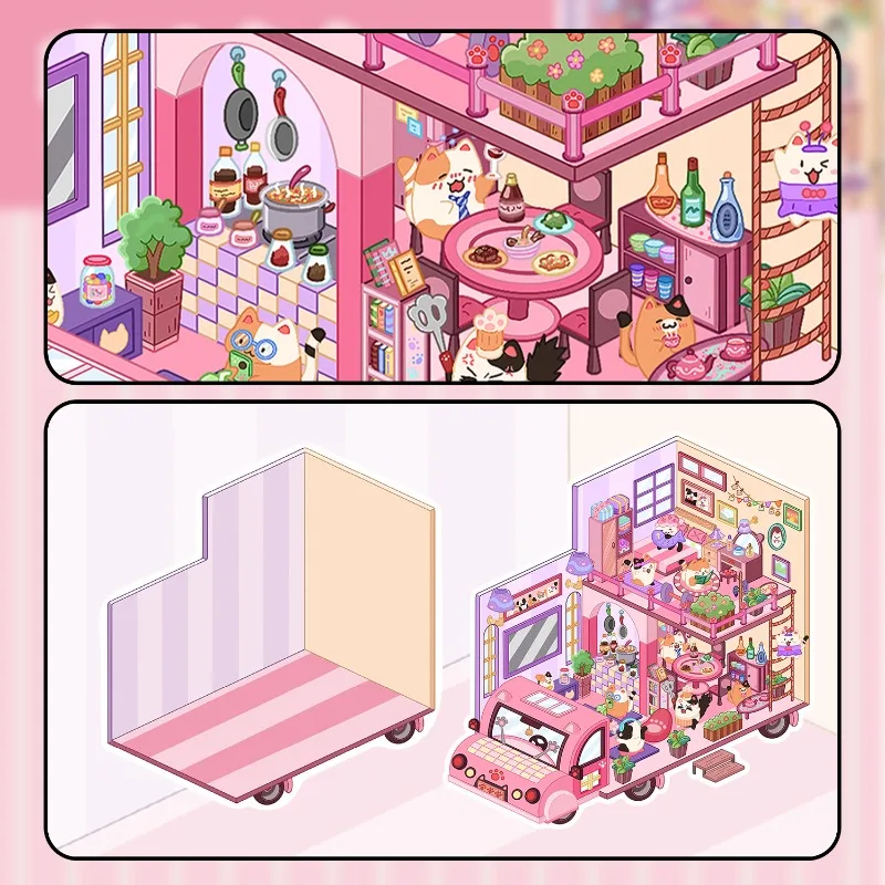 1Set DIY 3D Cat Caravan Landscaping Miniature Sticker Playroom RV Theme Sticker Stacking Pasting Gift For Kid Child Student