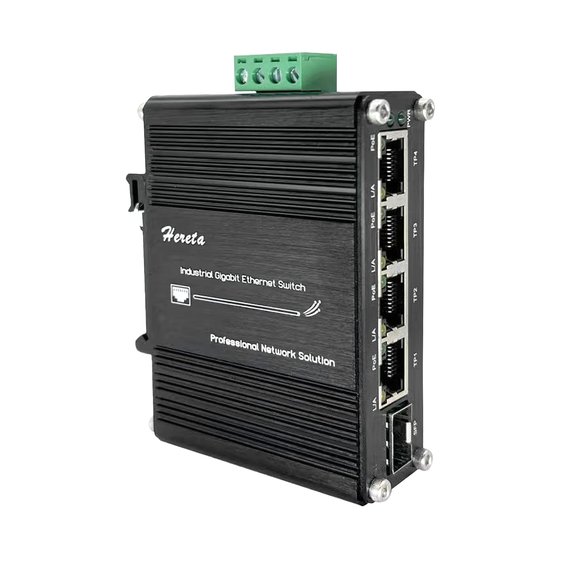 

Industrial 4 Ports Gigabit PoE+ Ethernet Switch Support DC 12–48V Input to 48V SFP Uplink 4 RJ45 IEEE 802.3af/at Network Switch