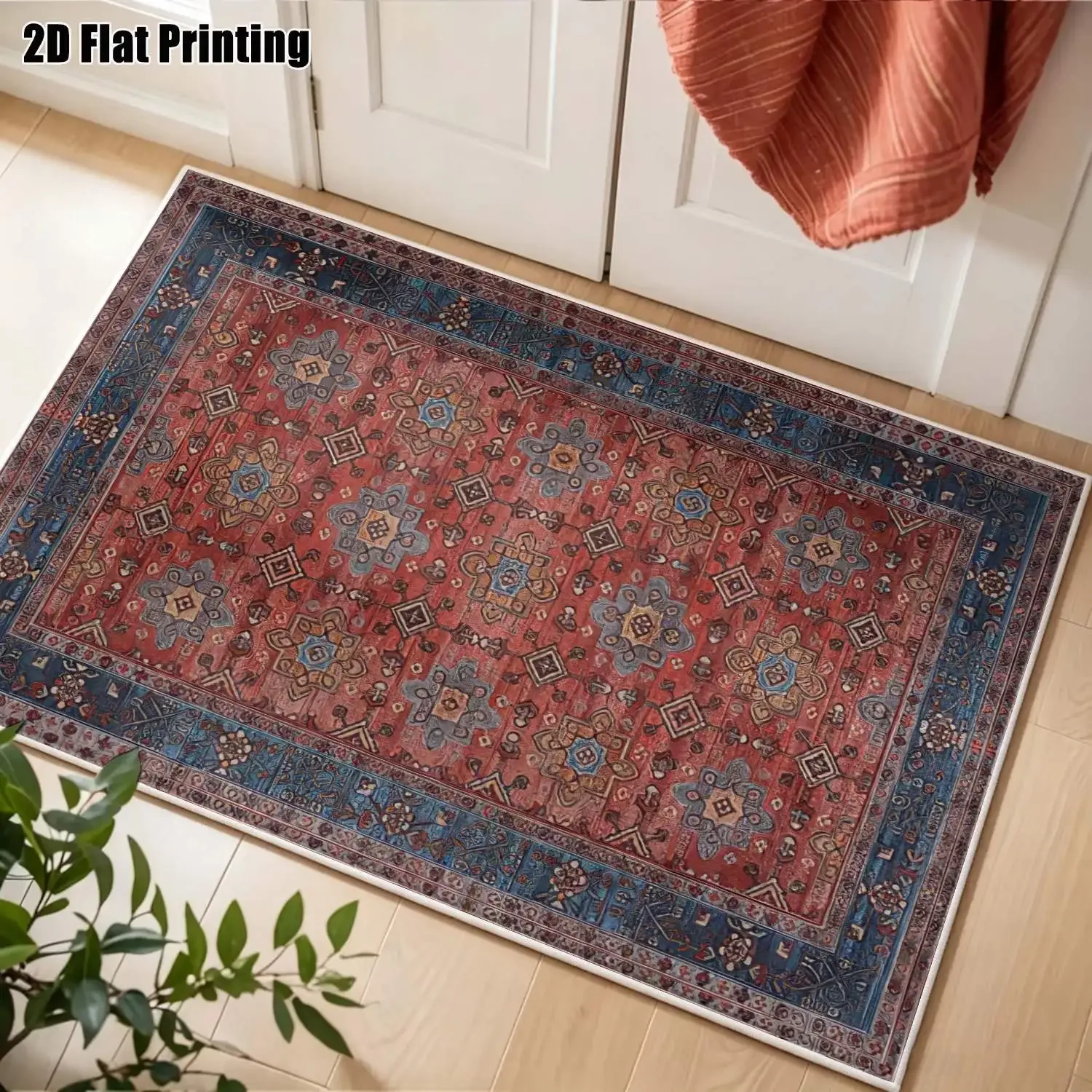 1Pc 2D Printed Velvet Retro Red Geometric Carpet: Vintage, Bohemian, European Style, Home Decor, Multi-Size, Machine Washable, f