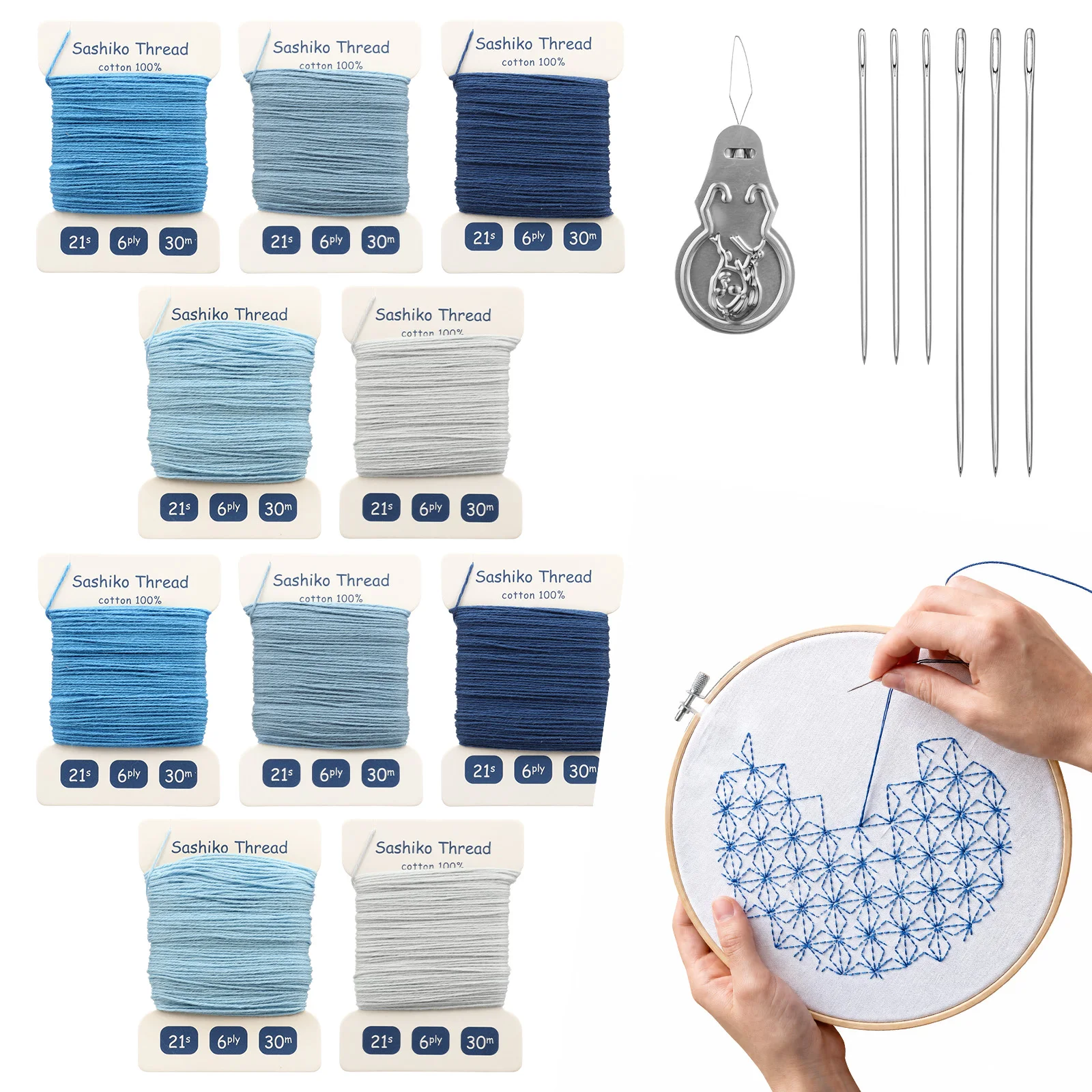 Image of 10-teiliges Sashiko-Faden-Set, 6-fädiger Baumwoll-Stickfaden mit 6 Nadeln & Nadel-Einfädler, DIY Denim-Reparatur, Sashiko-Nähen
