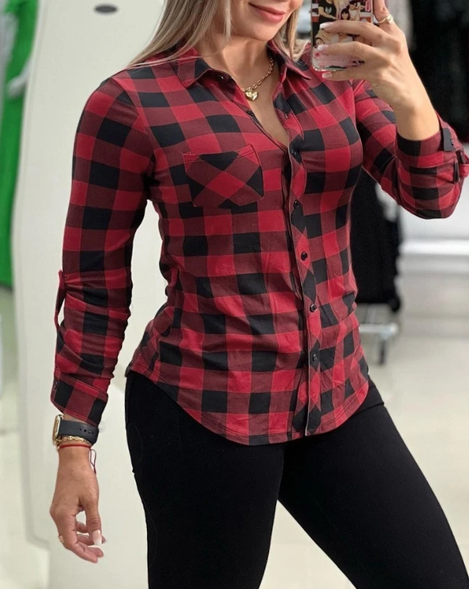 Tops for Women 2024 Plaid Print Turn-Down Collar Top Autumn Casual Pocket Button Design Cardigan Shirt Long Sleeves Plaid Shirt