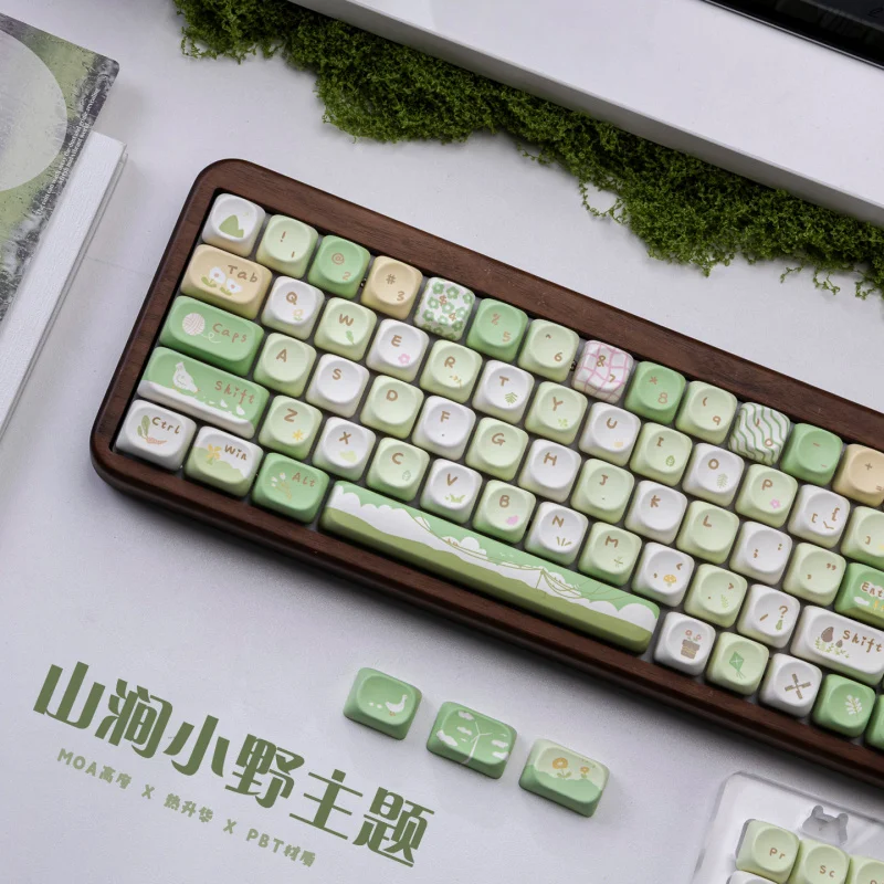 Green Landscape Custom Keycaps,132 Keys MOA Profile Cute Doubleshot Dye-sublimation PBT Keyboard Caps For MX Mechanical Keyboard
