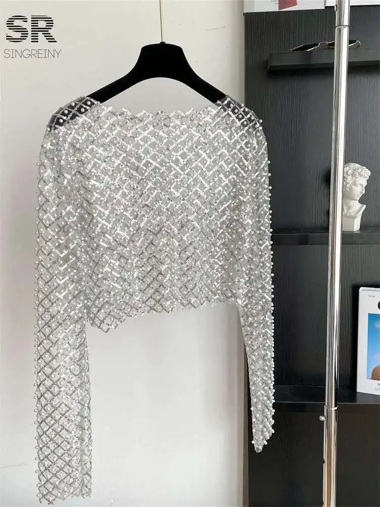 

BabYoung Sexy Pearl Beading Crop Tops Women O Neck Long Sleeves Sheer Shirts 2025 Fashion Streetwear Sequined Sun-Proof Blouses
