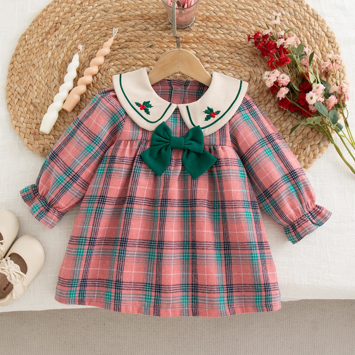 Baby Girl Dress Spring And Autumn Cotton Checkered Striped Bow Long Sleeve Girls Dresses Cartoon Cute Baby Girl Clothing