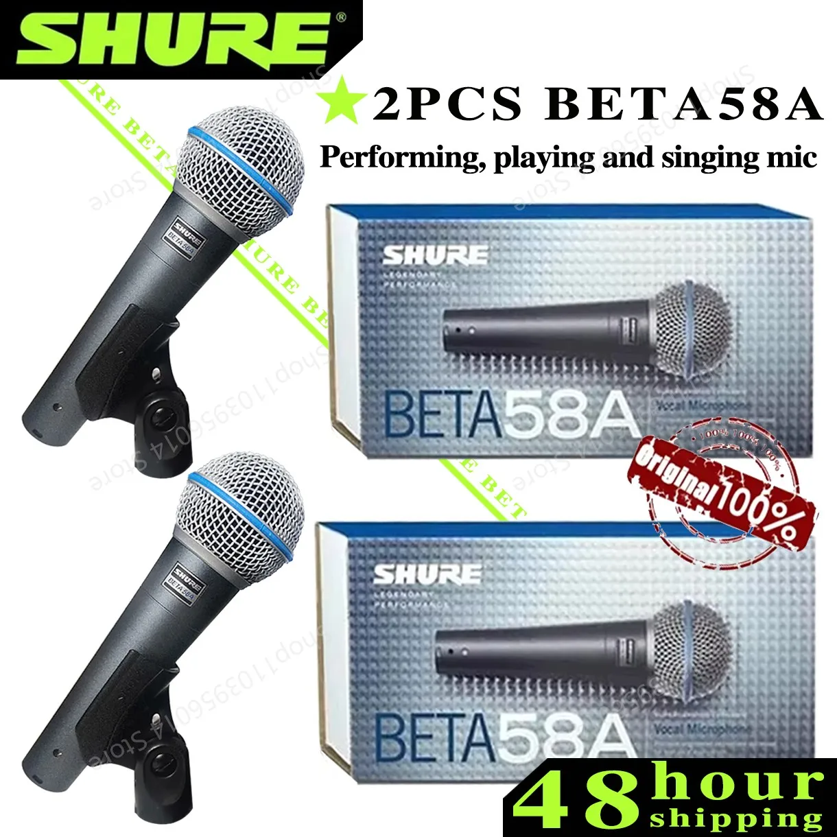 2PCS SHURE BETA 58A Wired Microphone Dynamic Cardioid Studio Home Record Handle Mic for Karaoke Music Stage Performance Live Mic