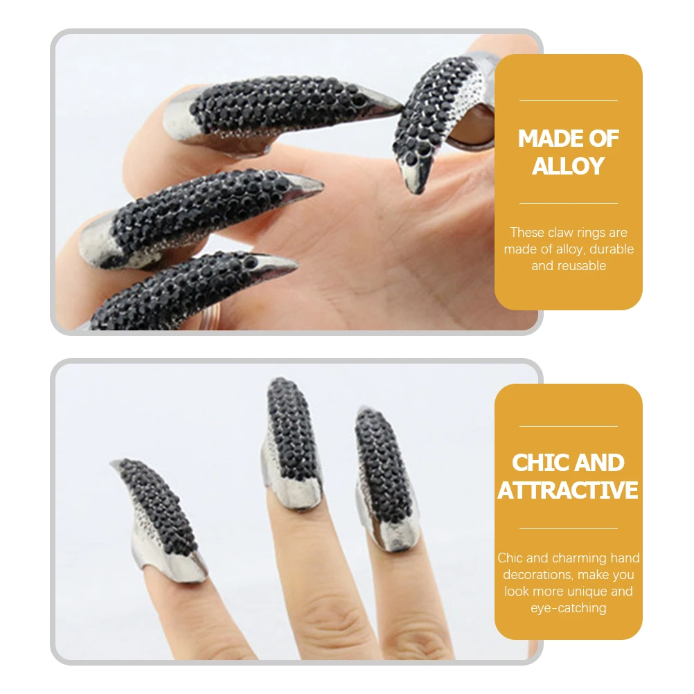 

10Pcs Retro Finger Claw Ring with Rhinestones Strong Alloy Nail Rings for Festival Cosplay Bar Nightclub Accessory Unisex Gift