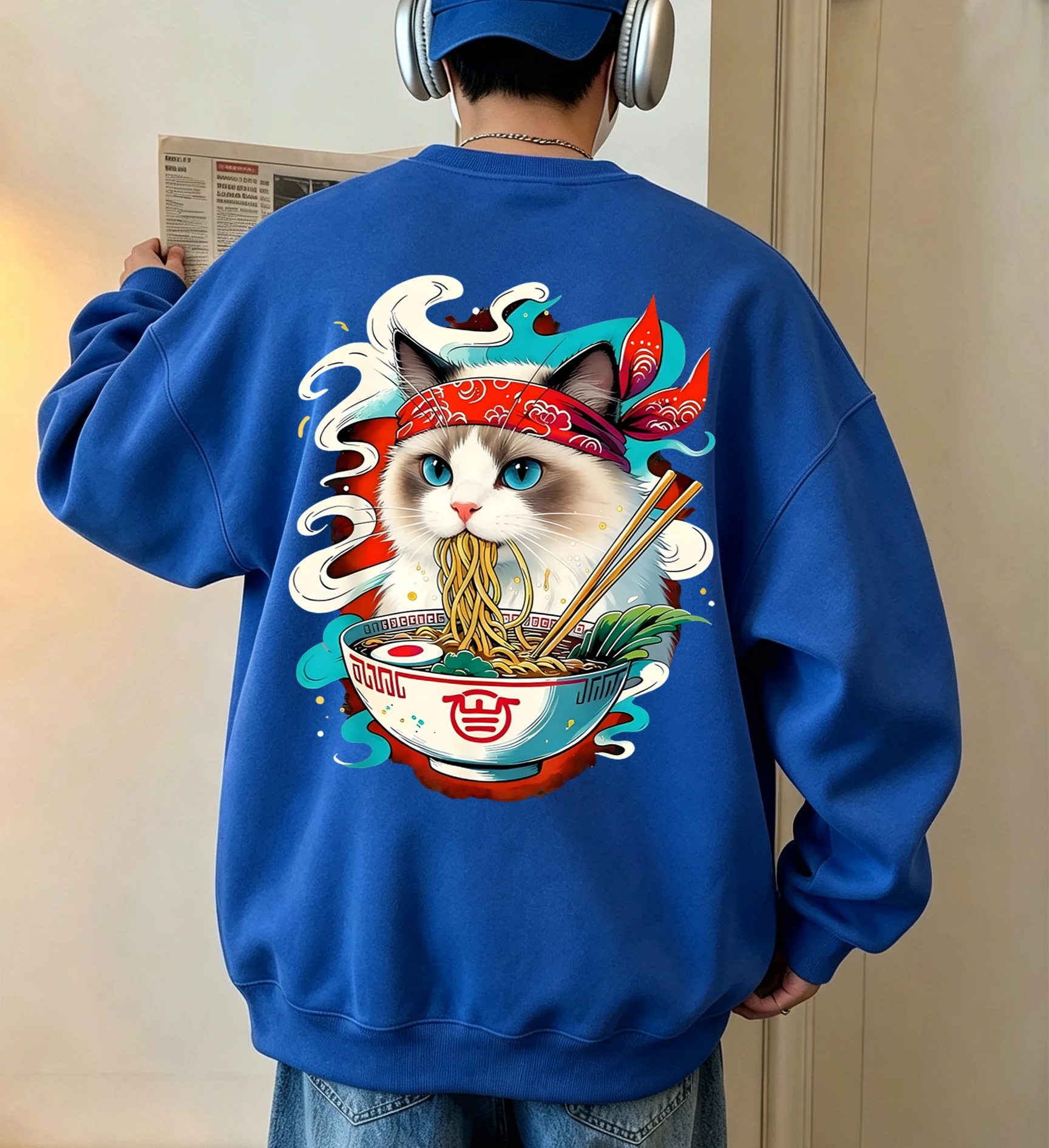 Katze kämpft mit Lamian-Nudeln bedruckter Herren-Fleece-Pullover, Vintage, lässig, langärmelig, Unisex, locker geschnittenes Basic-Sweatshirt – Detail 6