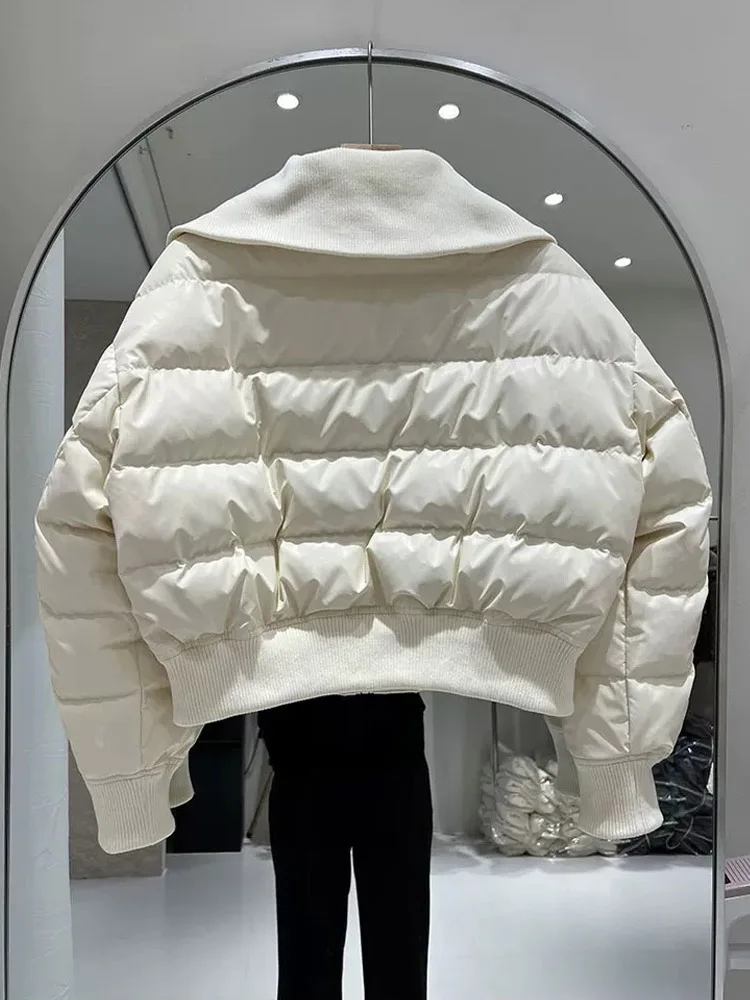 PU Leather Splicing Non Washable Down Jacket Women Short Style 2025 Winter New Laple Collar Trendy White Duck Down Coat