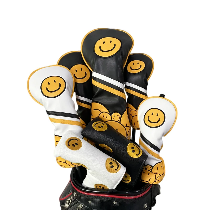 1pc Golf Head Covers for Driver & Woods - (Cute Smile Style）Premium PU Material Head cover