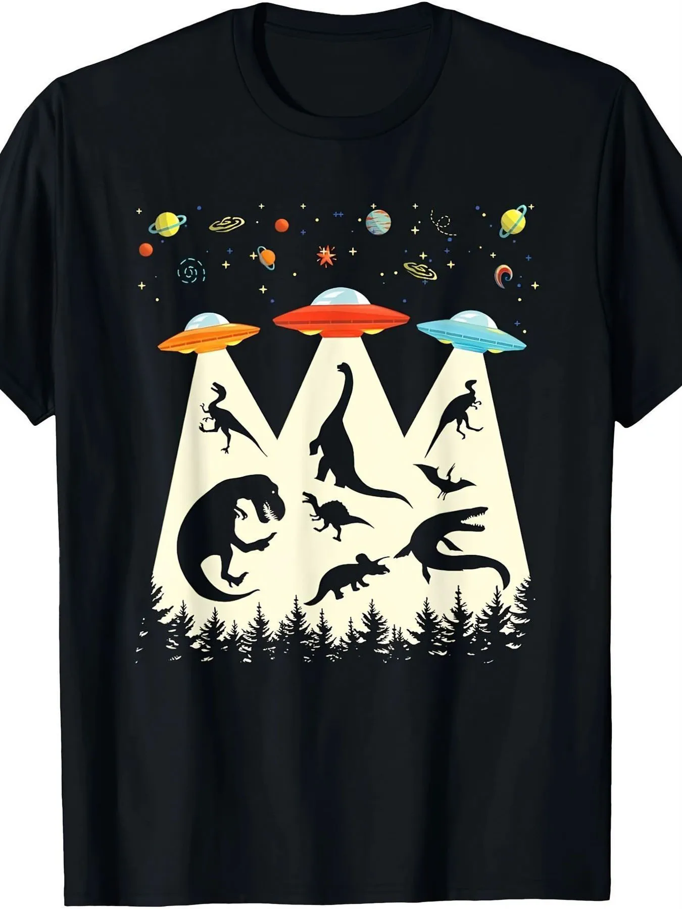 Humorous Oversized T-Shirt Featuring a Vintage Design of a Dinosaur And UFO, Perfect for Alien Abduction Enthusiasts, Weighing 2