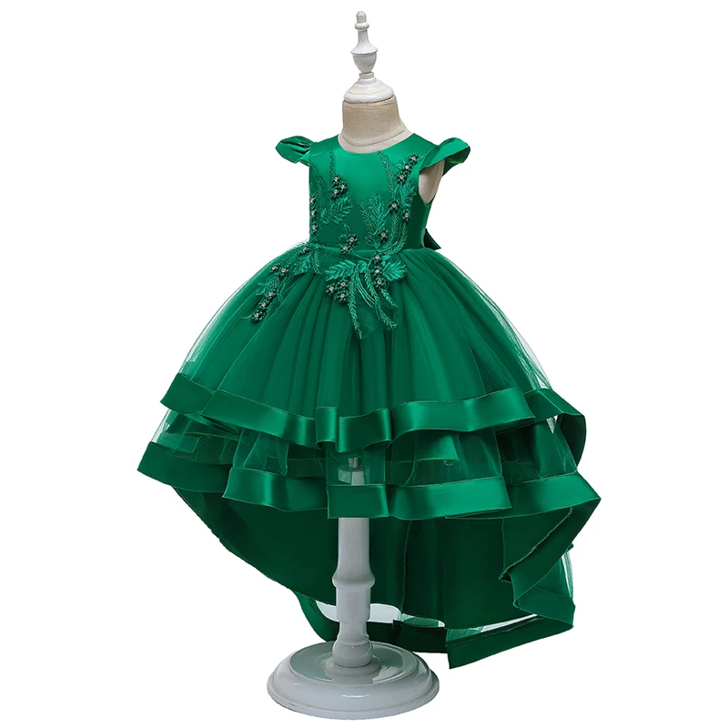 green Girl Embroidered Beaded Princess Dress For 3 to 12 Year Girl Tail Party Dress Kid School performance costumes