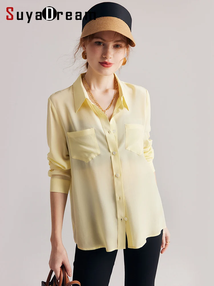 SuyaDream, Women Solid Shirts, 100%Silk Crepe de chine, Chest Pockets Chic Blouses, 2025 Spring Summer Office Lady, Yellow