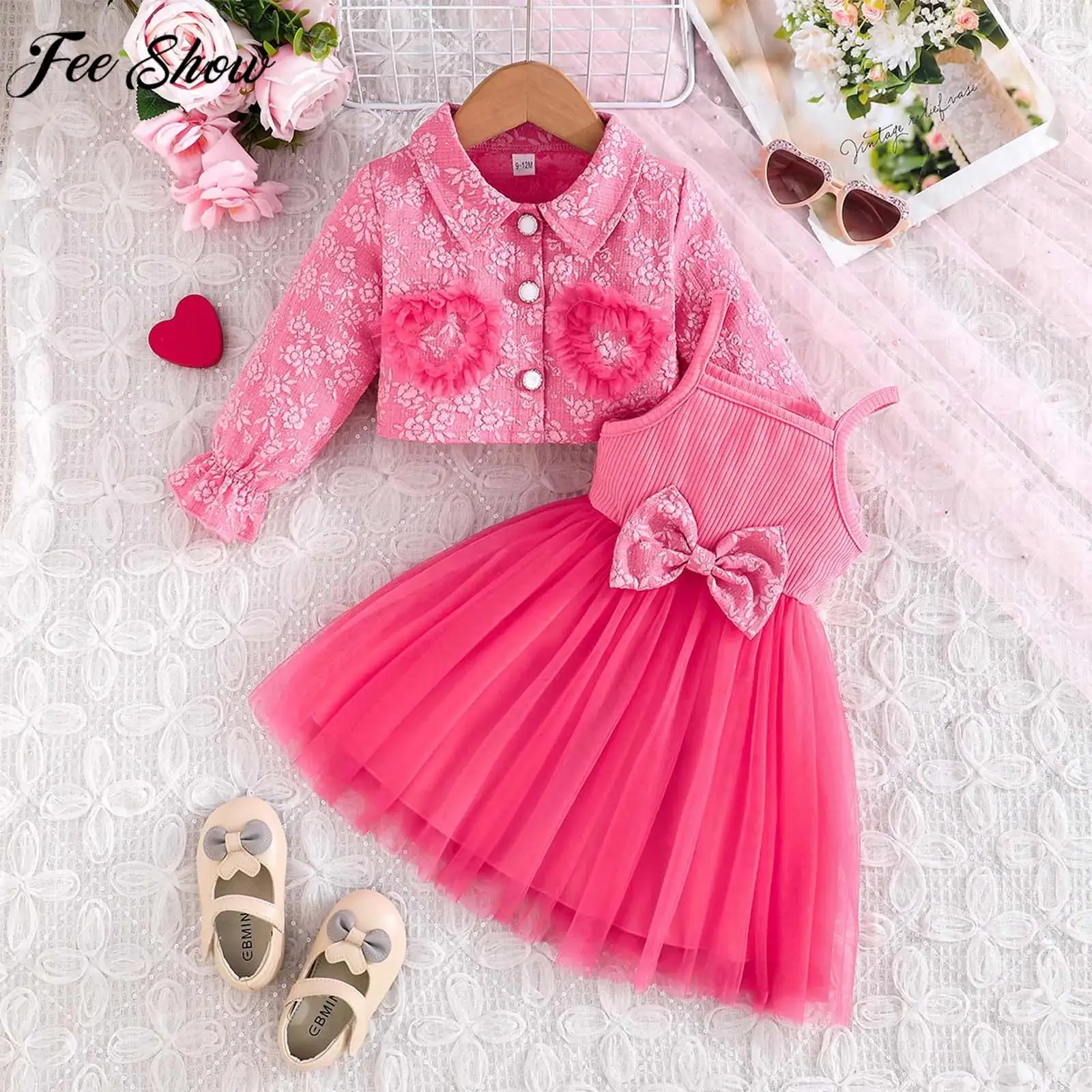 

Милый милый костюм для дня рождения и свадьбы для маленьких девочек, кардиган с длинными рукавами и цветочным сердечком, куртка, пальто с бантом, тюлевое платье